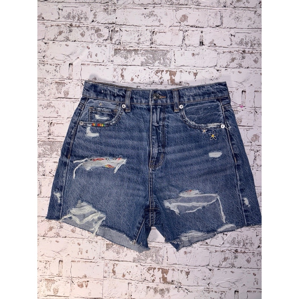 American Eagle Trendy denim shorts colorful embroidery distressed patches Sz 4
